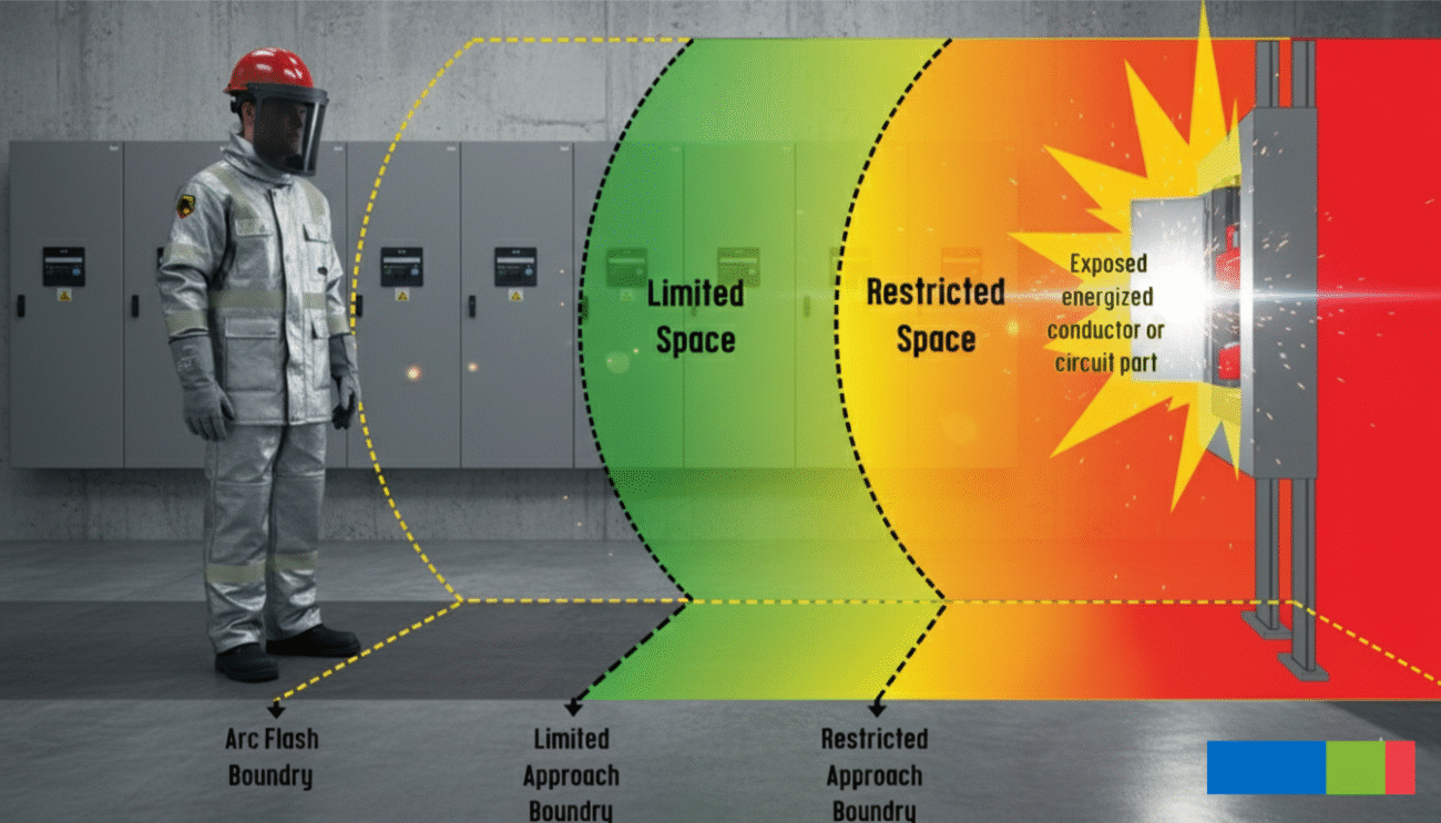 An image illustrating the different safety zones around an electrical panel: the Arc Flash Boundary, the Limited Approach Boundary, and the Restricted Approach Boundary. A worker in full arc flash PPE stands outside the first boundary.