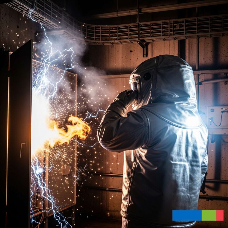 A worker in a full metallic-gray arc flash suit with a hood and face shield is facing away from the camera. They are safely protected as a large arc flash with fire and sparks erupts from a nearby electrical panel.