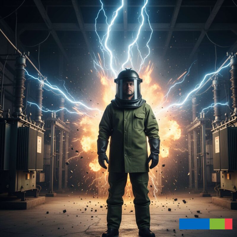 Arc Flash Safety: 2025 Guide (Part 2 – How to Protect Yourself and Implement Compliance Measures) 2 A worker in a full arc flash suit stands calmly in a substation with an electrical explosion and lightning bolts erupting behind them.