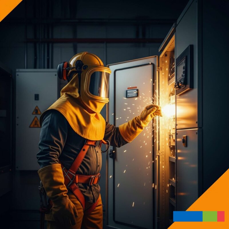 A worker in full arc flash PPE, including a yellow suit, hood, and gloves, touches a live electrical panel, causing bright sparks.