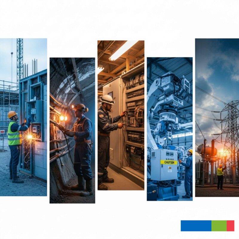 A vertical five-panel collage showing workers in different industrial settings, from construction to mining and utilities, highlighting electrical hazards in each environment.