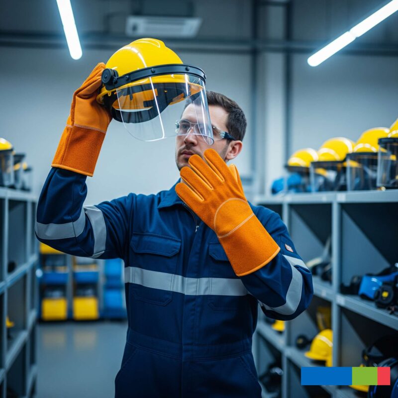 A worker wearing safety glasses and orange gloves holds up and inspects a yellow hard hat with an attached face shield in a gear storage area.