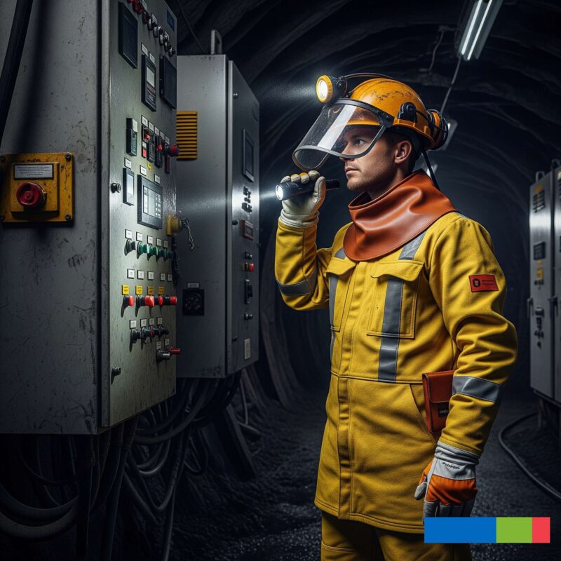 Arc Flash Safety: 2025 Guide (Part 2 – How to Protect Yourself and Implement Compliance Measures) 3 A worker in a yellow arc-rated suit and hard hat with a face shield and headlamp inspects an electrical panel in a dark, underground tunnel.