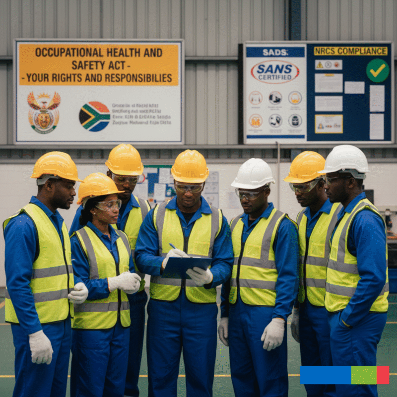 Don’t Risk It: Why Proper PPE Is Your Best Defence Against Workplace Injuries and Legal Trouble 3 Seven industrial workers in PPE (hard hats, high-vis vests) reviewing a clipboard during a safety briefing in a warehouse, with signs for the OHS Act in the background.