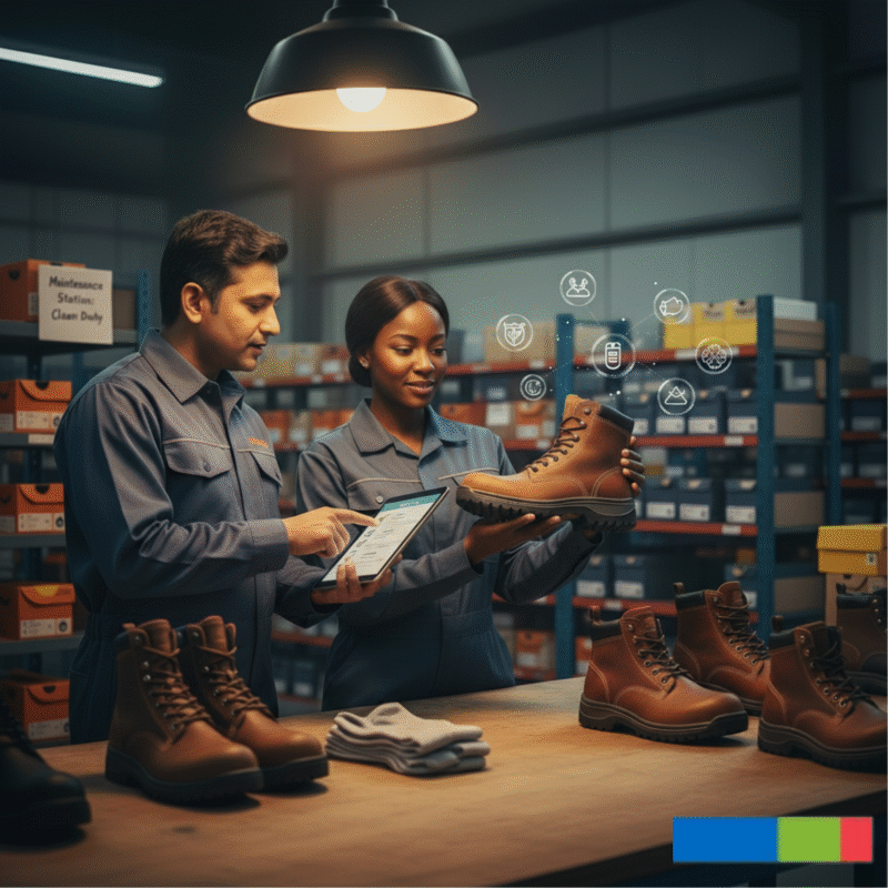 A safety officer and a colleague standing at a warehouse table examining a brown leather safety boot while reviewing a digital checklist on a tablet, illustrating the thorough process required for selecting and buying certified PPE in bulk.