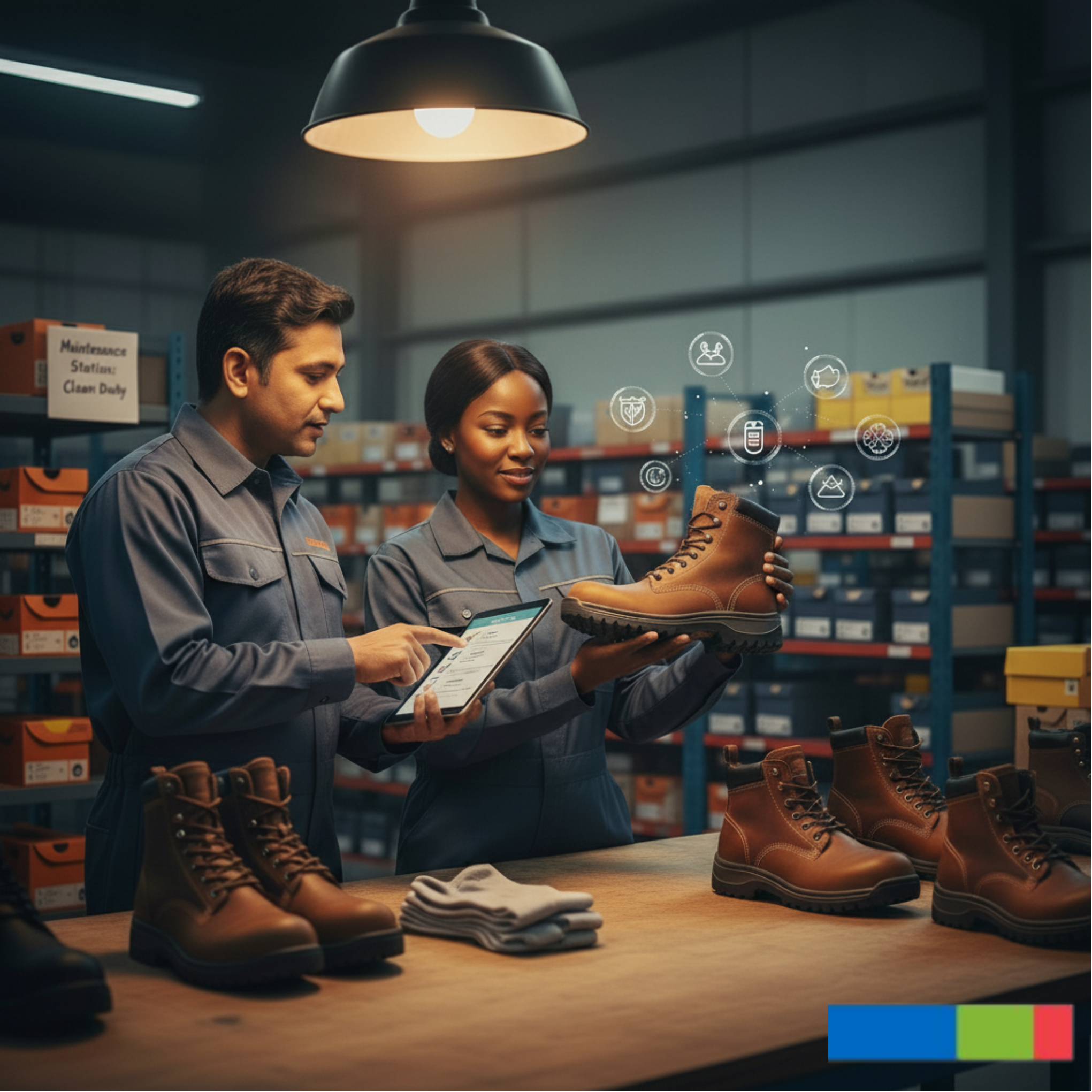 A safety officer and a colleague standing at a warehouse table examining a brown leather safety boot while reviewing a digital checklist on a tablet, illustrating the thorough process required for selecting and buying certified PPE in bulk.