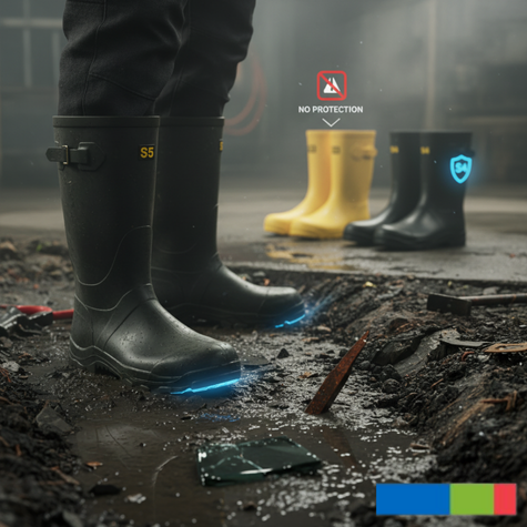 Ultimate Safety Footwear 2025 Guide (Part 1 – The Real Cost of Ignoring PPE Standards) 2 Close-up of a worker wearing black S5 safety gumboots with a glowing protective layer over a puddle containing broken glass and metal debris. In the background, yellow gumboots are marked 'NO PROTECTION,' contrasting with a pair of black S5 boots marked with a protective shield icon, clearly illustrating the difference between certified PPE and regular footwear.