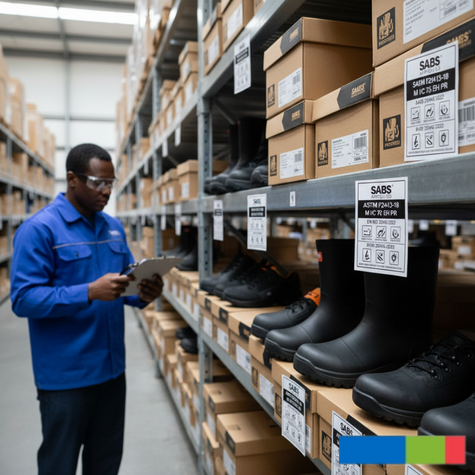 Ultimate Safety Footwear 2025 Guide (Part 2 – How to Choose, Maintain & Manage PPE the Right Way) 3 A safety officer in a blue uniform and goggles stands in a warehouse aisle, checking a clipboard against shelves stocked with various boxes and styles of certified PPE, including safety gumboots and boots, with prominent SABS and ASTM F2413 certification tags visible on the boxes.