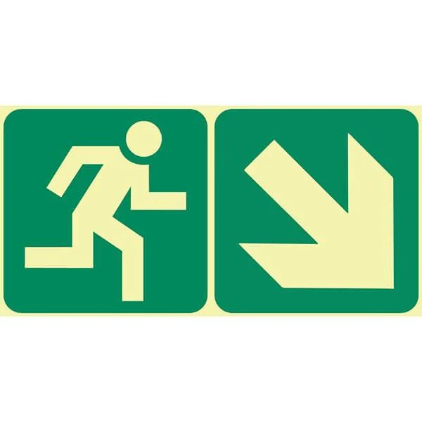 E13 - SABS Running Man Right & Diagonal Arrow Down Right. Photoluminescent (Glow In The Dark) Sign. Signs are manufactured to order, delivery in 7-10 business days.