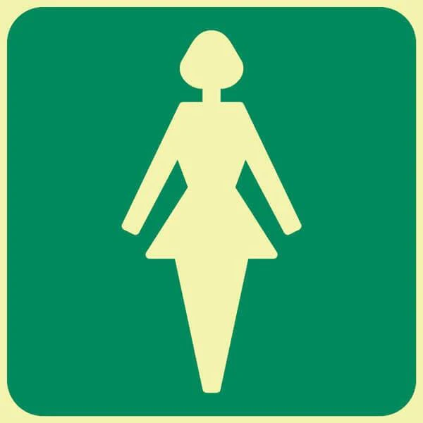 E27 -  SABS Ladies Toilet Photo. Photoluminescent (Glow In The Dark) Sign. Signs are manufactured to order, delivery in 7-10 business days.