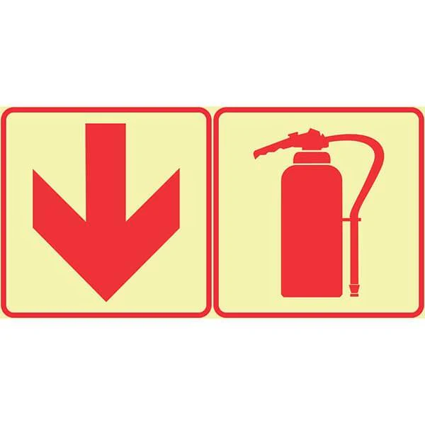 F13 -  SABS Red Arrow Down With Fire Extinguisher. Photoluminescent (Glow In The Dark) Sign. Signs are manufactured to order, delivery in 7-10 business days.