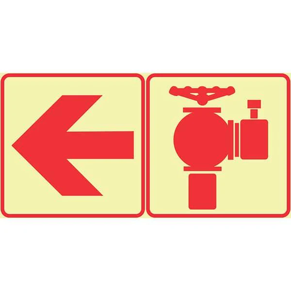 F18 -  SABS Red Arrow Left And Fire Hydrant. Photoluminescent (Glow In The Dark) Sign. Signs are manufactured to order, delivery in 7-10 business days.