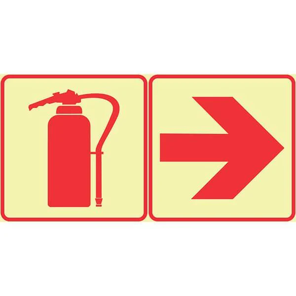 F19 -  SABS Fire Extinguisher And Arrow Right. Photoluminescent (Glow In The Dark) Sign. Signs are manufactured to order, delivery in 7-10 business days.